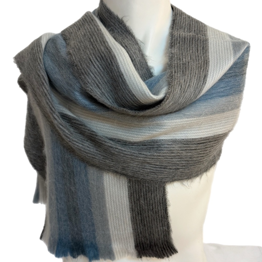 Pokoloko Artisan Alpaca Scarf 🇪🇨– Grey, Blue & Cream Striped, Made in Ecuador